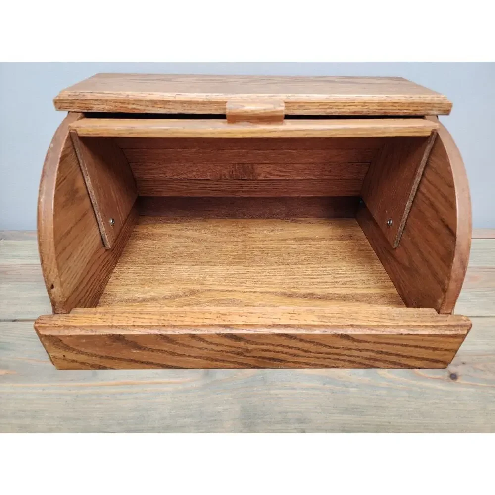 Bread Box Solid Oak Roll Top Rustic Farmhouse Amish Handcrafted